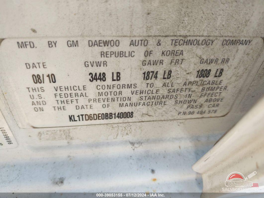 KL1TD6DE0BB140008 2011 CHEVROLET AVEO photo no. 9