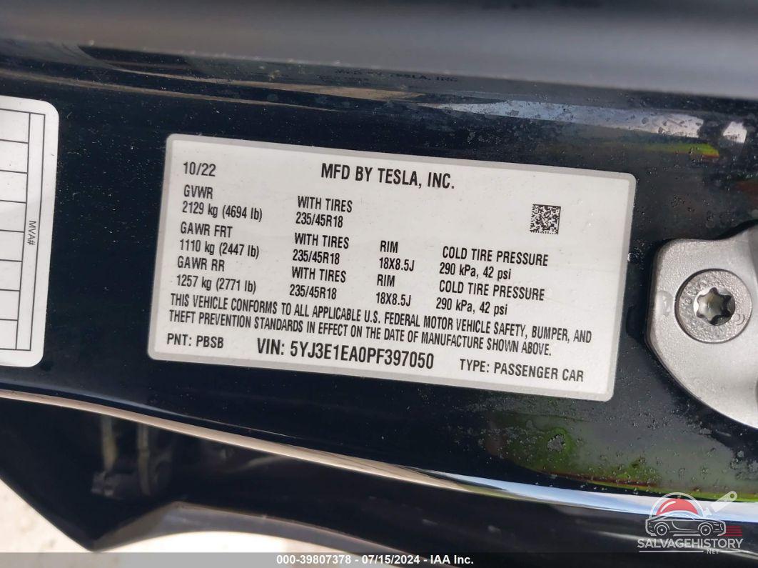 5YJ3E1EA0PF397050 2023 TESLA MODEL 3 photo no. 9