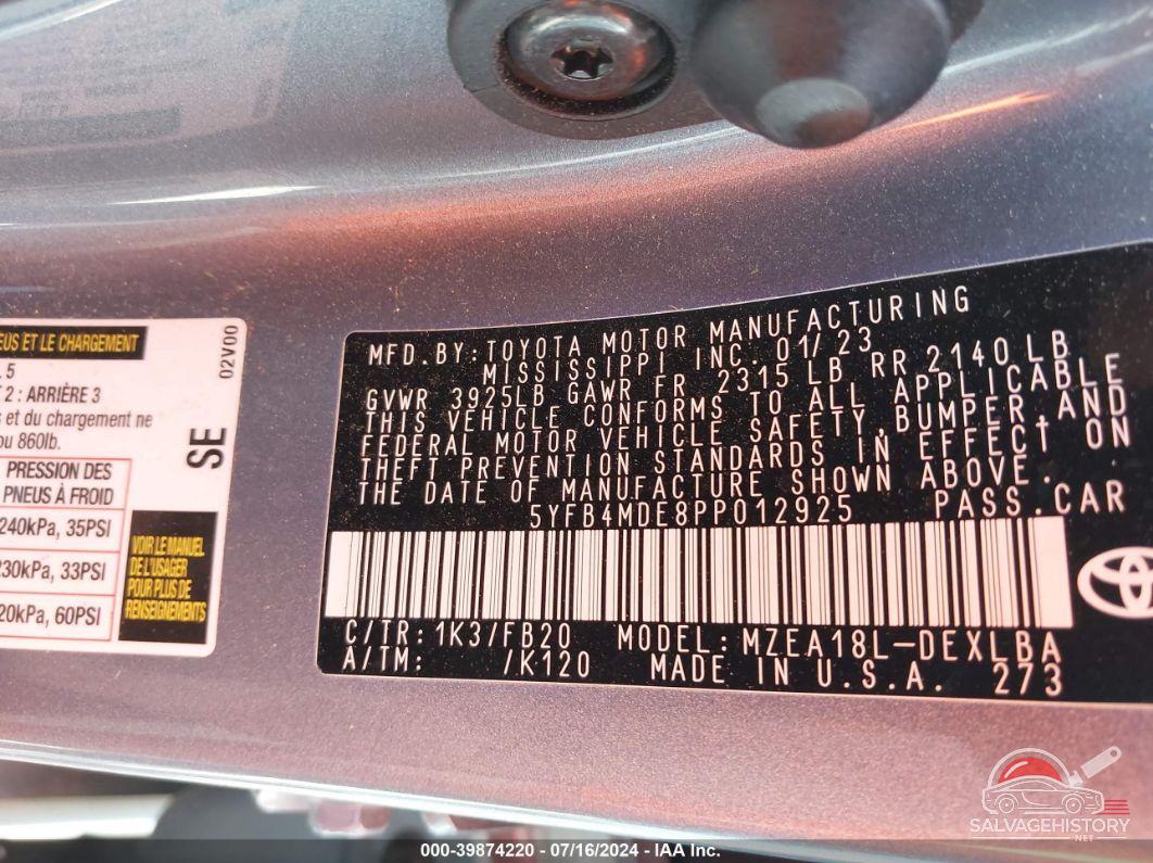 5YFB4MDE8PP012925 2023 TOYOTA COROLLA photo no. 9