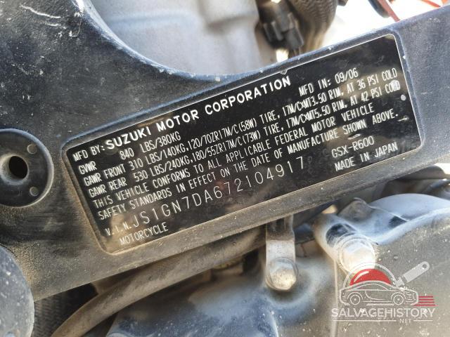 JS1GN7DA672104917 2007 SUZUKI GSXR600 photo no. 10