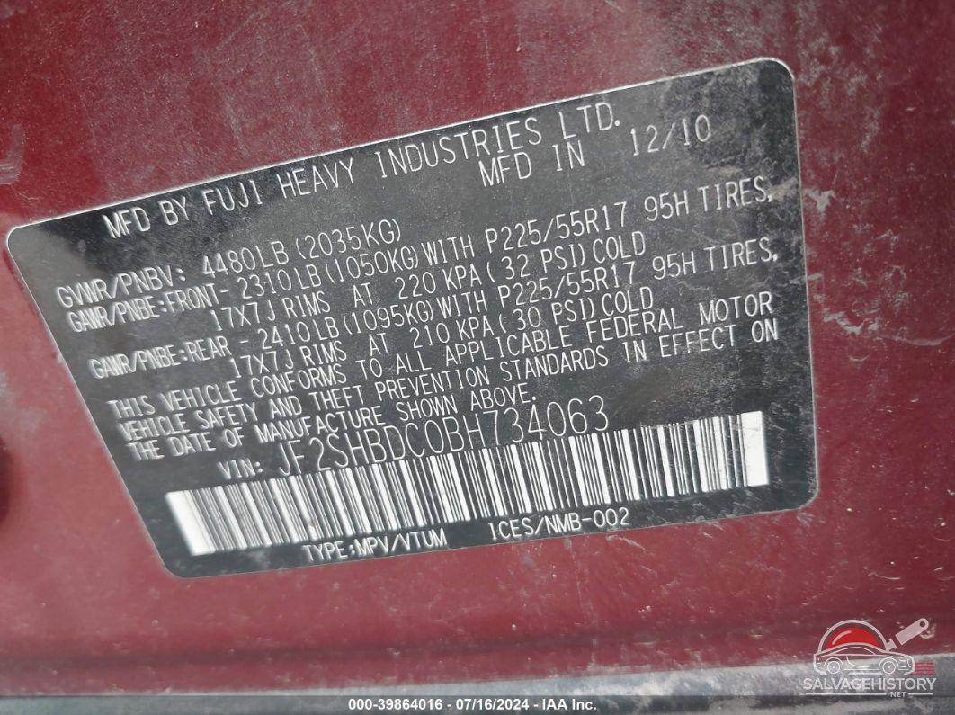 JF2SHBDC0BH734063 2011 SUBARU FORESTER photo no. 9