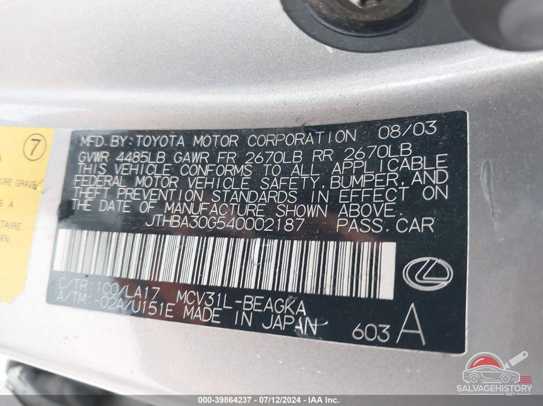JTHBA30G540002187 2004 LEXUS ES 330 photo no. 9