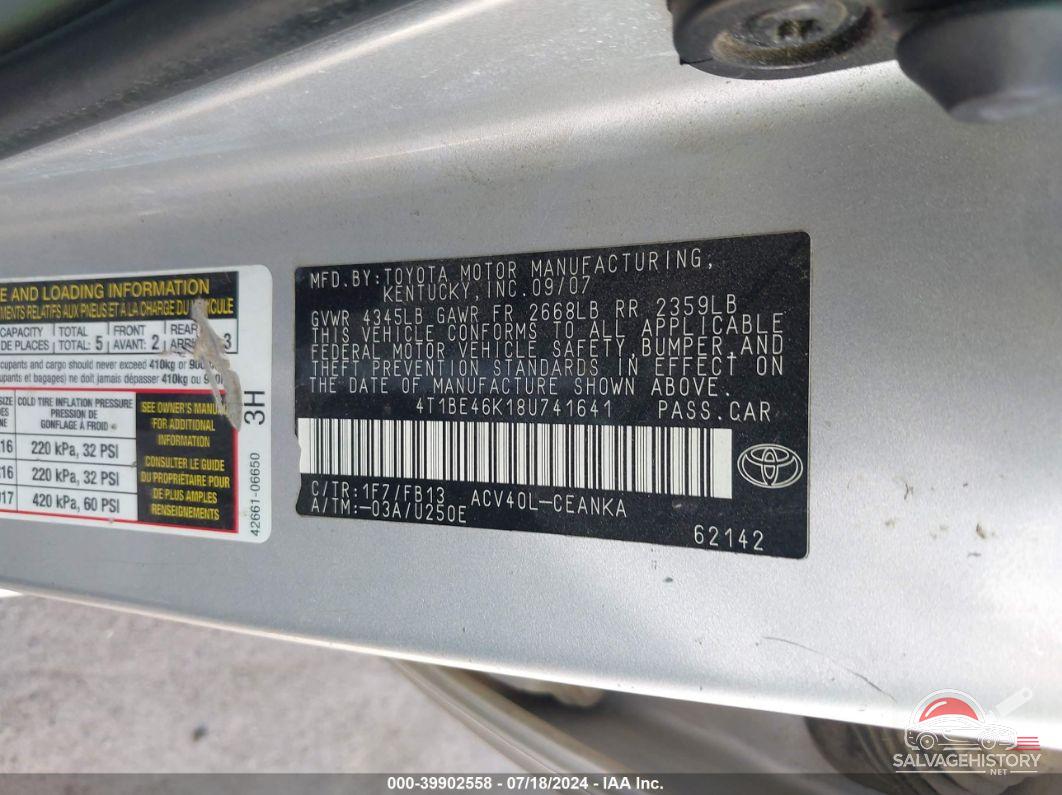 4T1BE46K18U741641 2008 TOYOTA CAMRY photo no. 9
