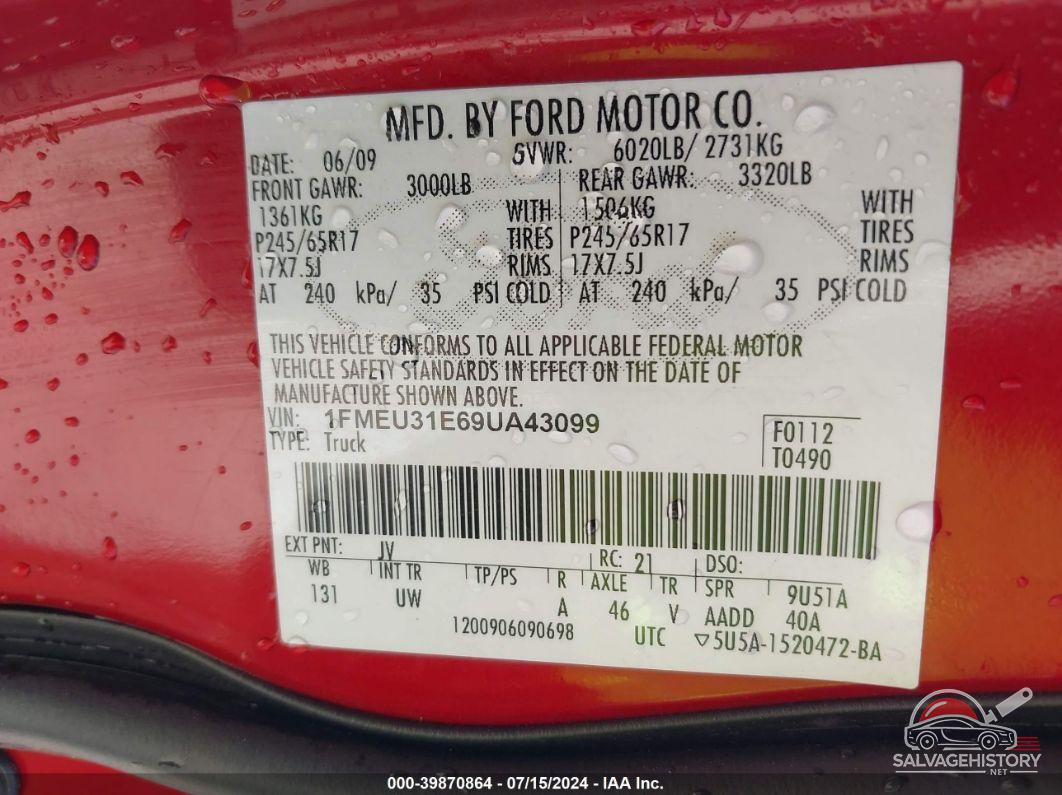 1FMEU31E69UA43099 2009 FORD EXPLORER SPORT TRAC photo no. 9