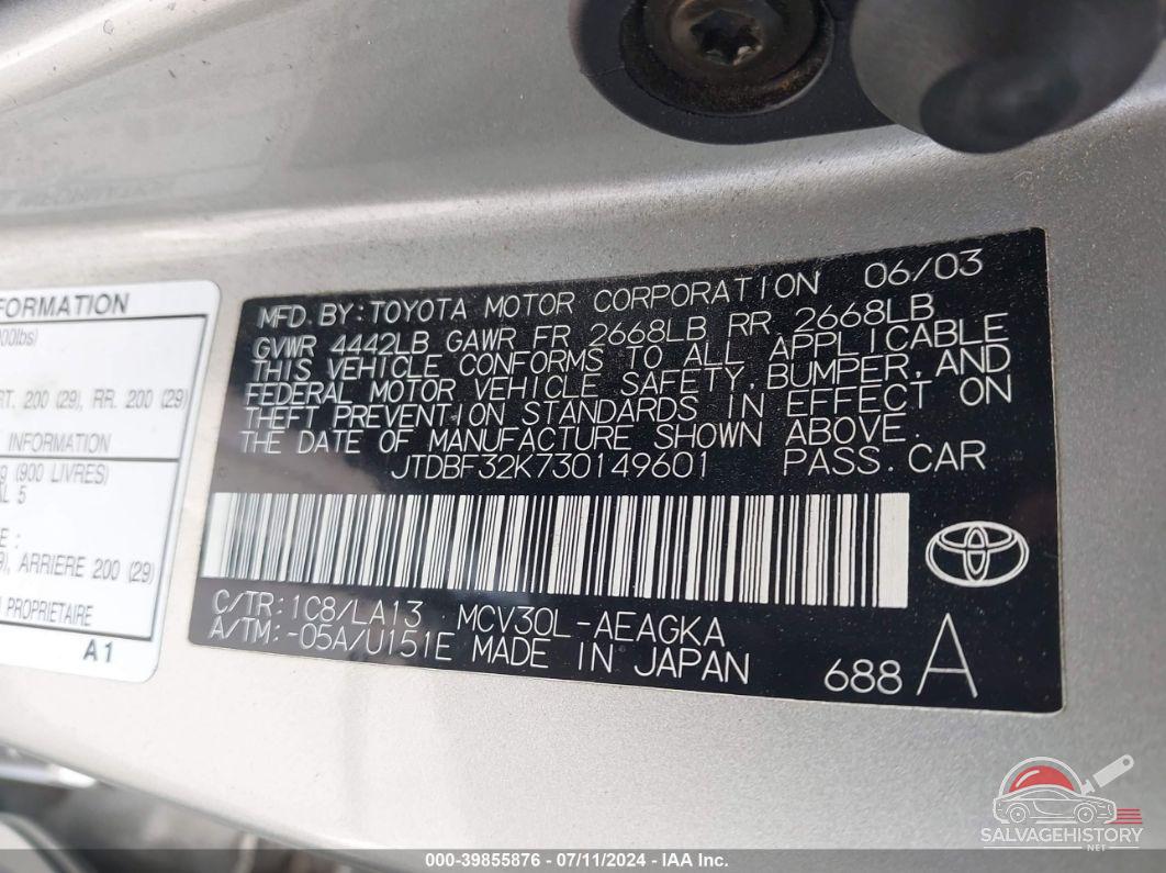 JTDBF32K730149601 2003 TOYOTA CAMRY photo no. 9