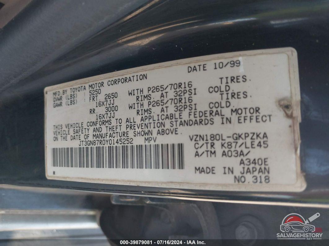 JT3GN87R0Y0145252 2000 TOYOTA 4RUNNER photo no. 9