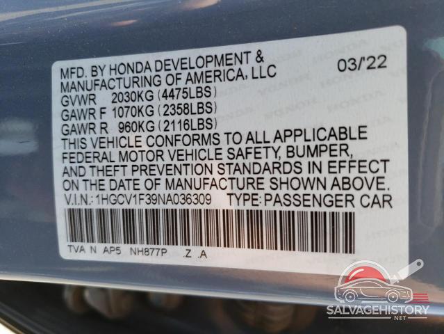 1HGCV1F39NA036309 2022 HONDA ACCORD photo no. 12