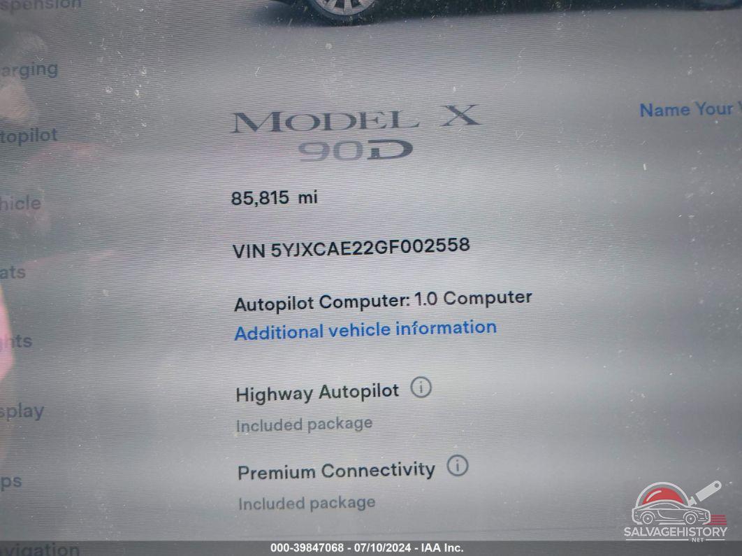 5YJXCAE22GF002558 2016 TESLA MODEL X photo no. 9