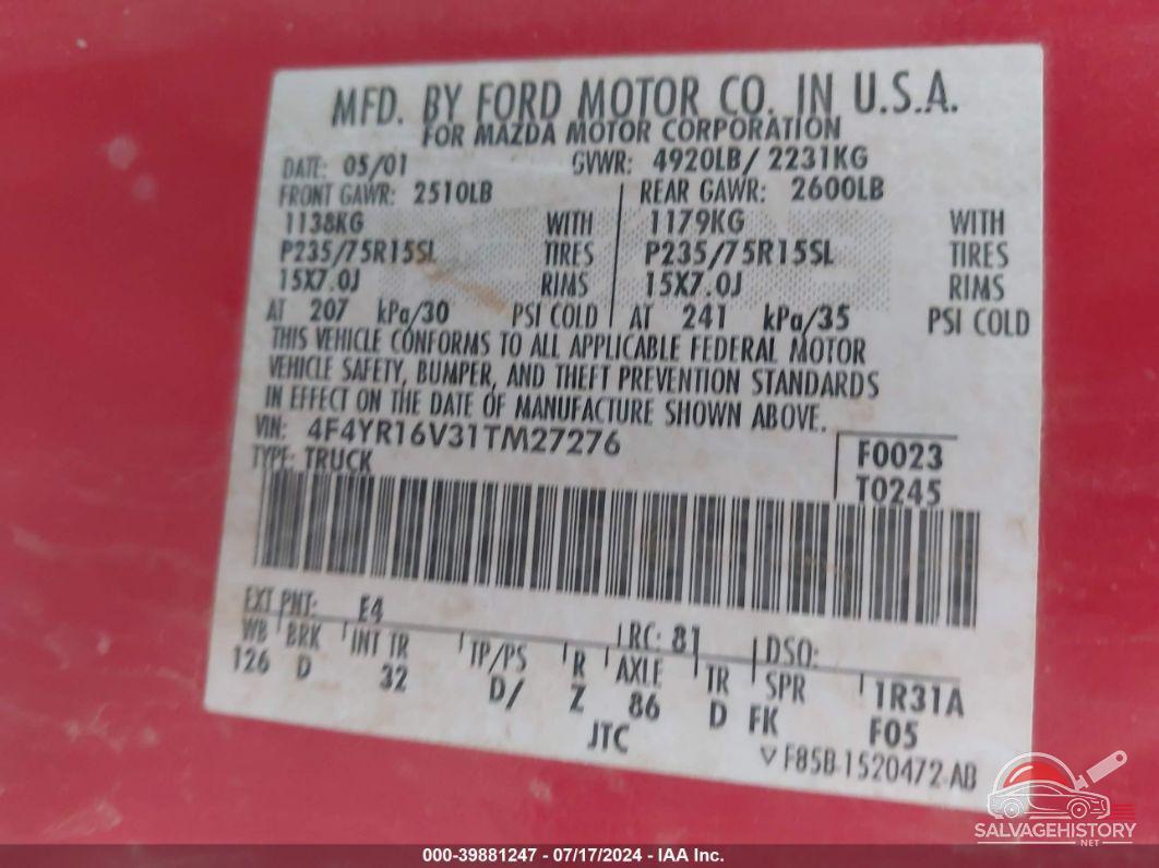 4F4YR16V31TM27276 2001 MAZDA B3000 photo no. 9