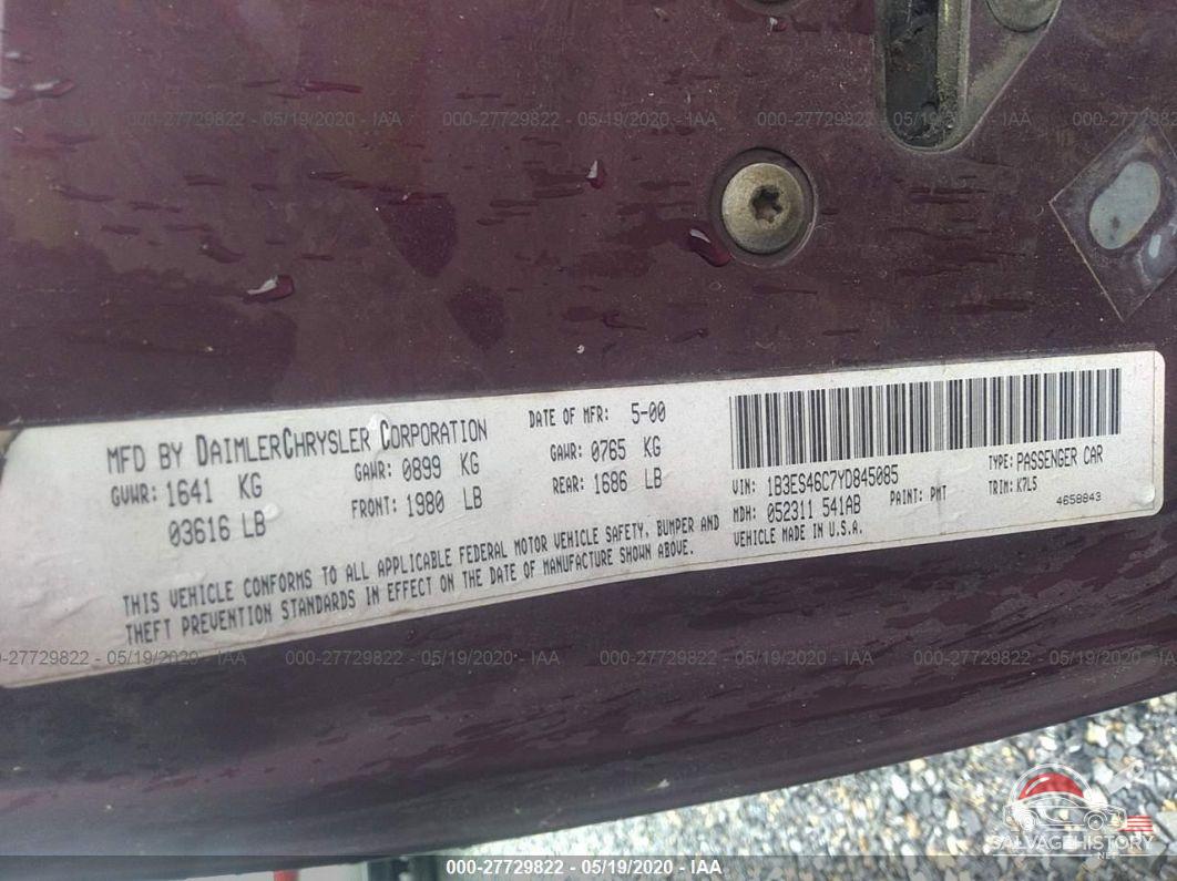 1B3ES46C7YD845085 2000 DODGE NEON photo no. 9