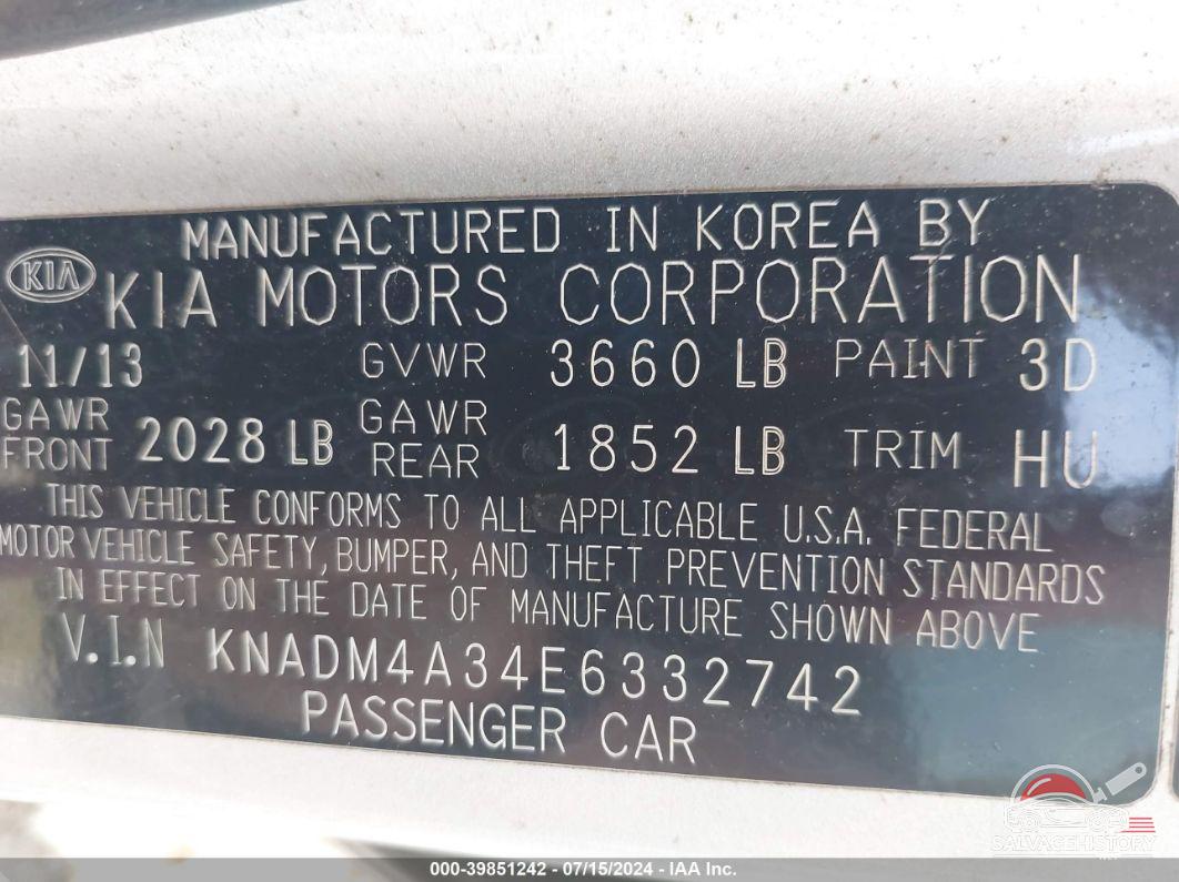 KNADM4A34E6332742 2014 KIA RIO photo no. 9