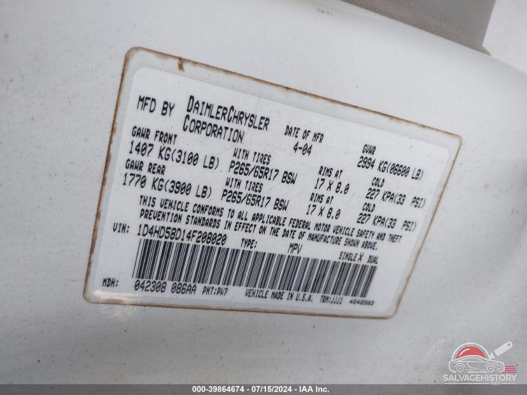 1D4HD58D14F208020 2004 DODGE DURANGO photo no. 9
