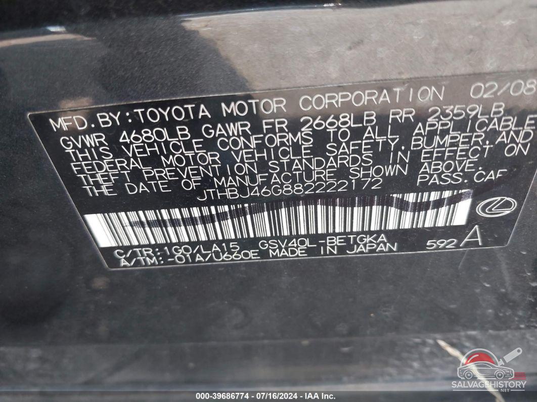 JTHBJ46G882222172 2008 LEXUS ES 350 photo no. 9