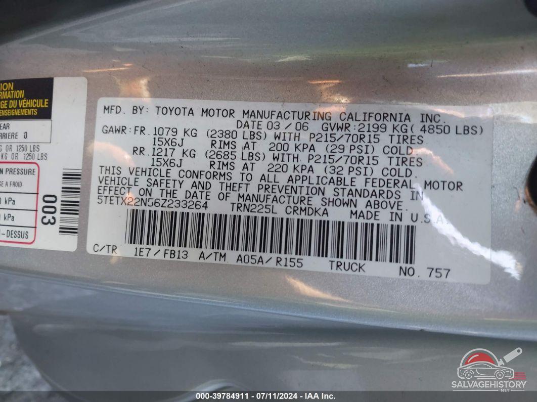 5TETX22N56Z233264 2006 TOYOTA TACOMA photo no. 9