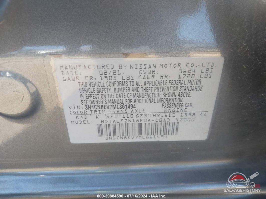 3N1CN8EV7ML861494 2021 NISSAN VERSA photo no. 9