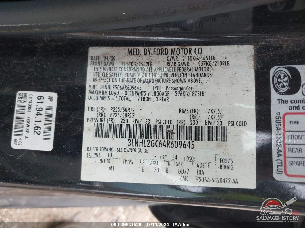 3LNHL2GC6AR609645 2010 LINCOLN MKZ photo no. 9