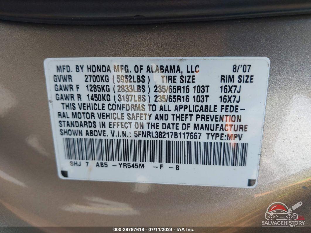 5FNRL38217B117667 2007 HONDA ODYSSEY photo no. 9