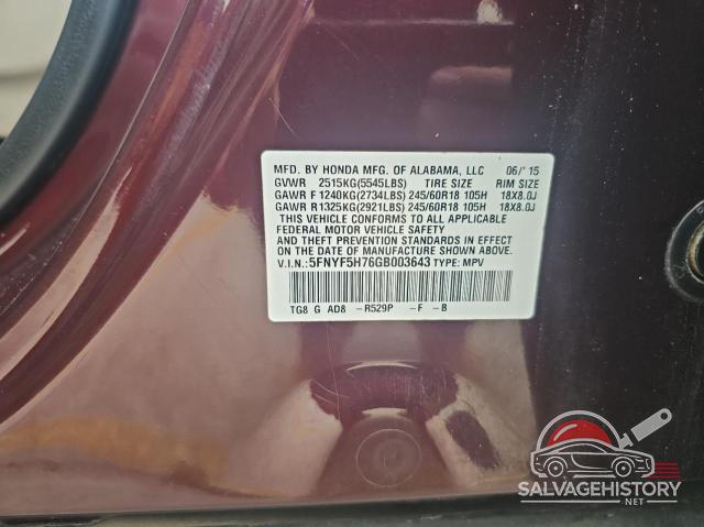 5FNYF5H76GB003643 2016 HONDA PILOT photo no. 10
