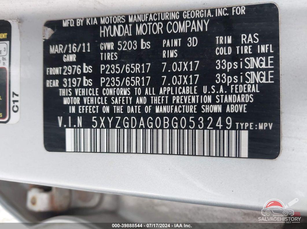5XYZGDAG0BG053249 2011 HYUNDAI SANTA FE photo no. 9