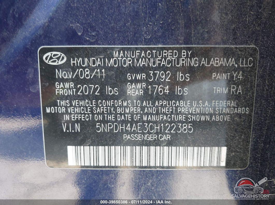 5NPDH4AE3CH122385 2012 HYUNDAI ELANTRA photo no. 9