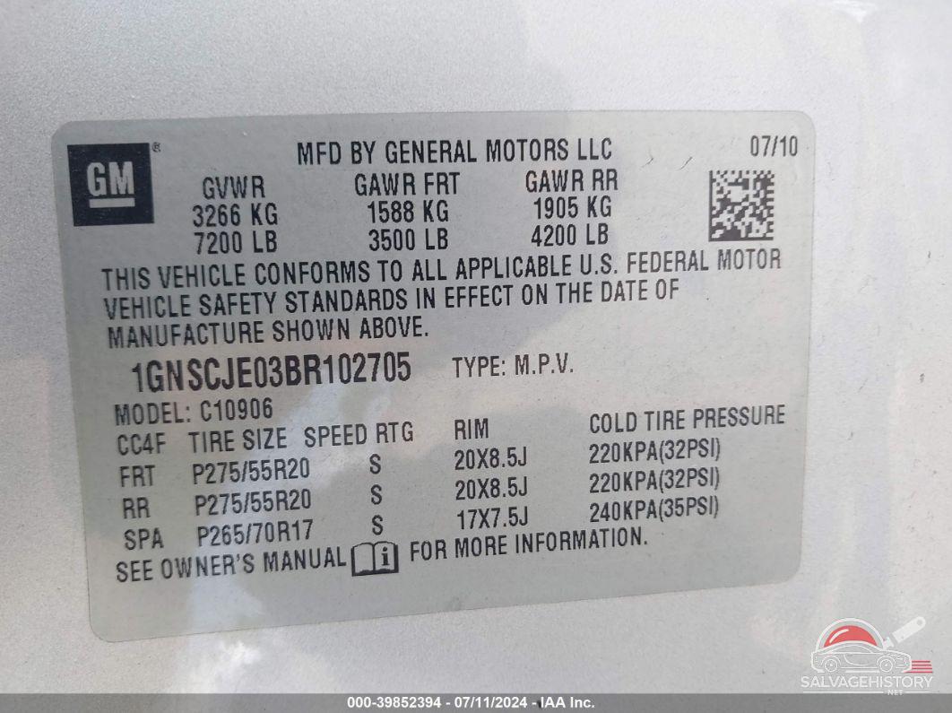 1GNSCJE03BR102705 2011 CHEVROLET SUBURBAN 1500 photo no. 9