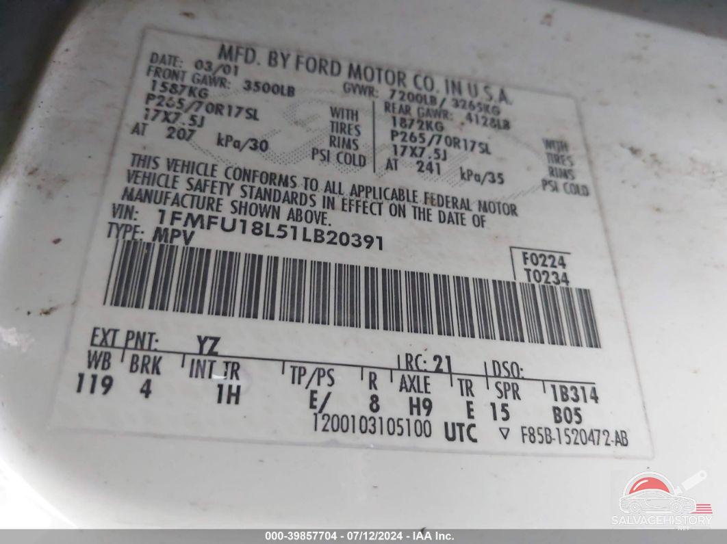 1FMFU18L51LB20391 2001 FORD EXPEDITION photo no. 9