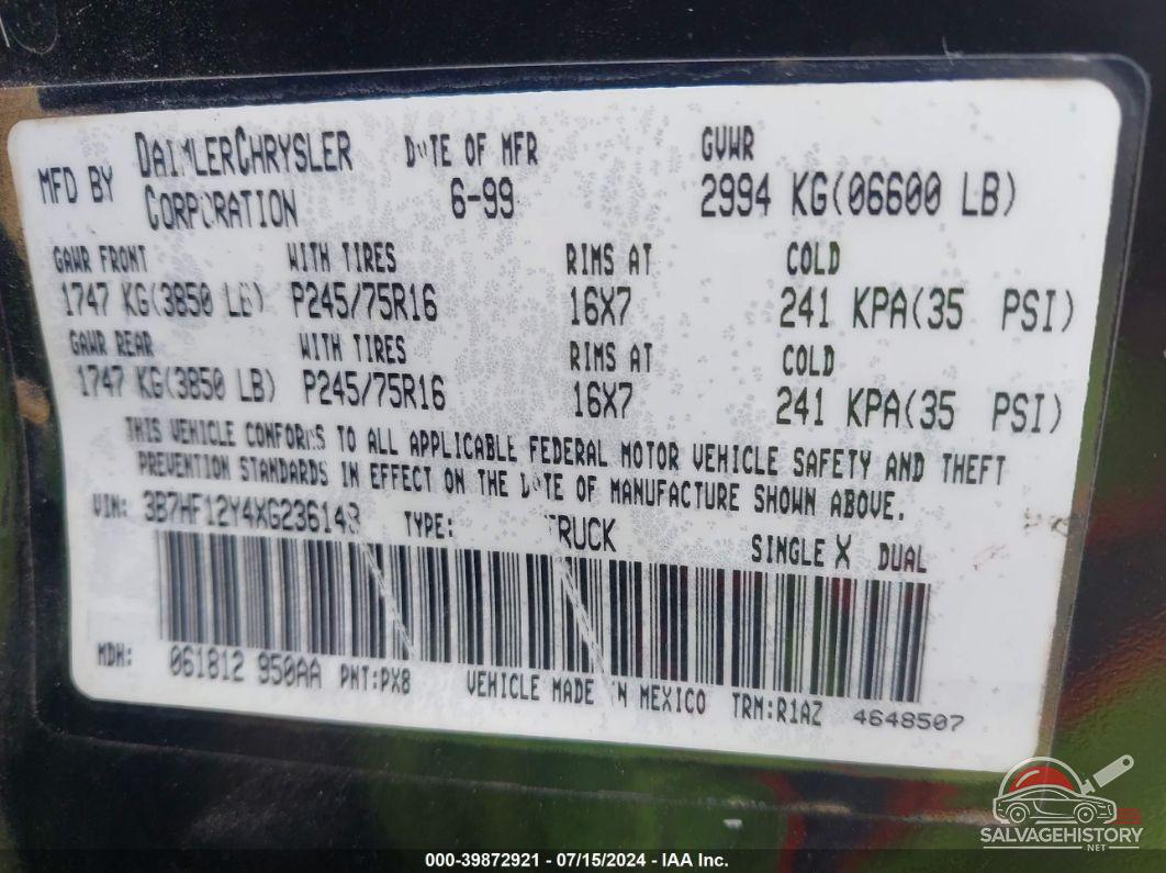 3B7HF12Y4XG236148 1999 DODGE RAM 1500 photo no. 9