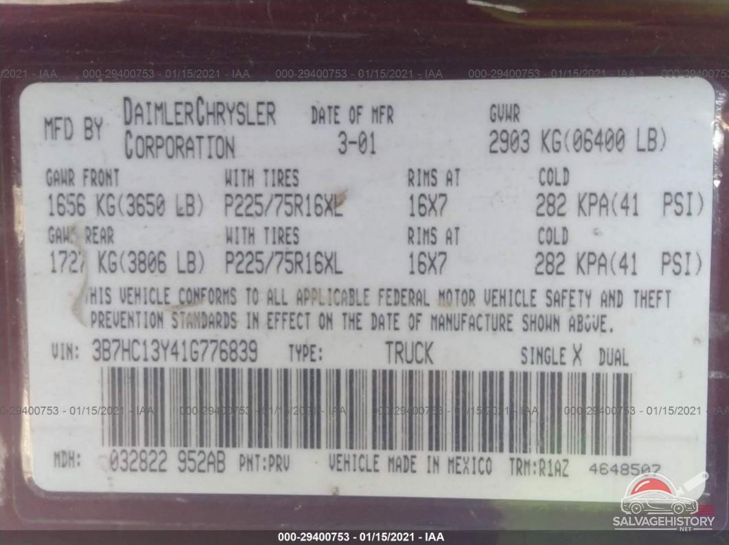 3B7HC13Y41G776839 2001 DODGE RAM 1500 photo no. 9