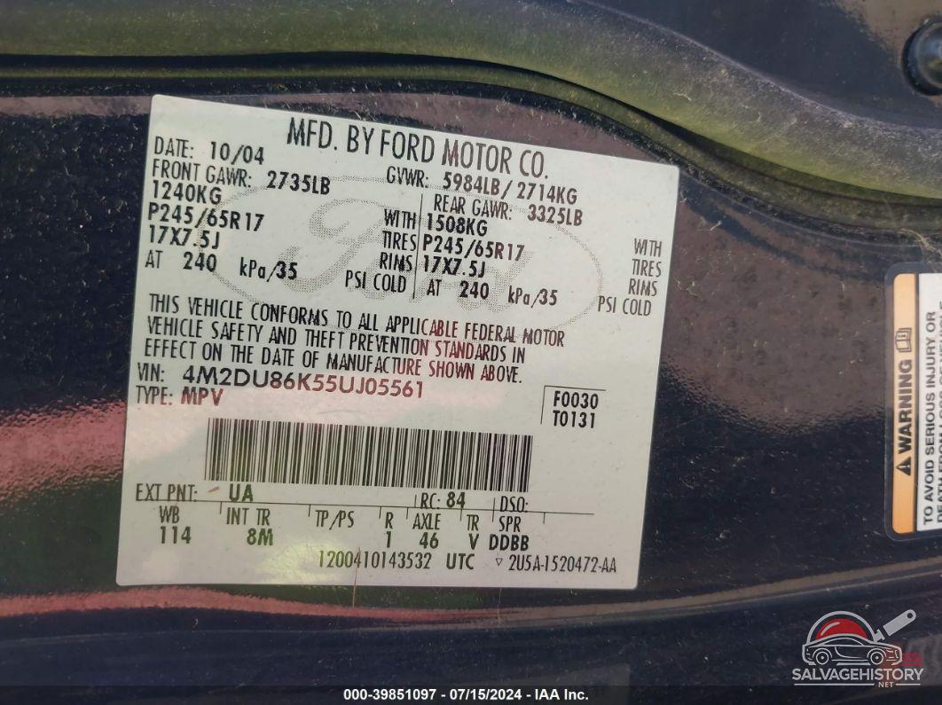 4M2DU86K55UJ05561 2005 MERCURY MOUNTAINEER photo no. 9