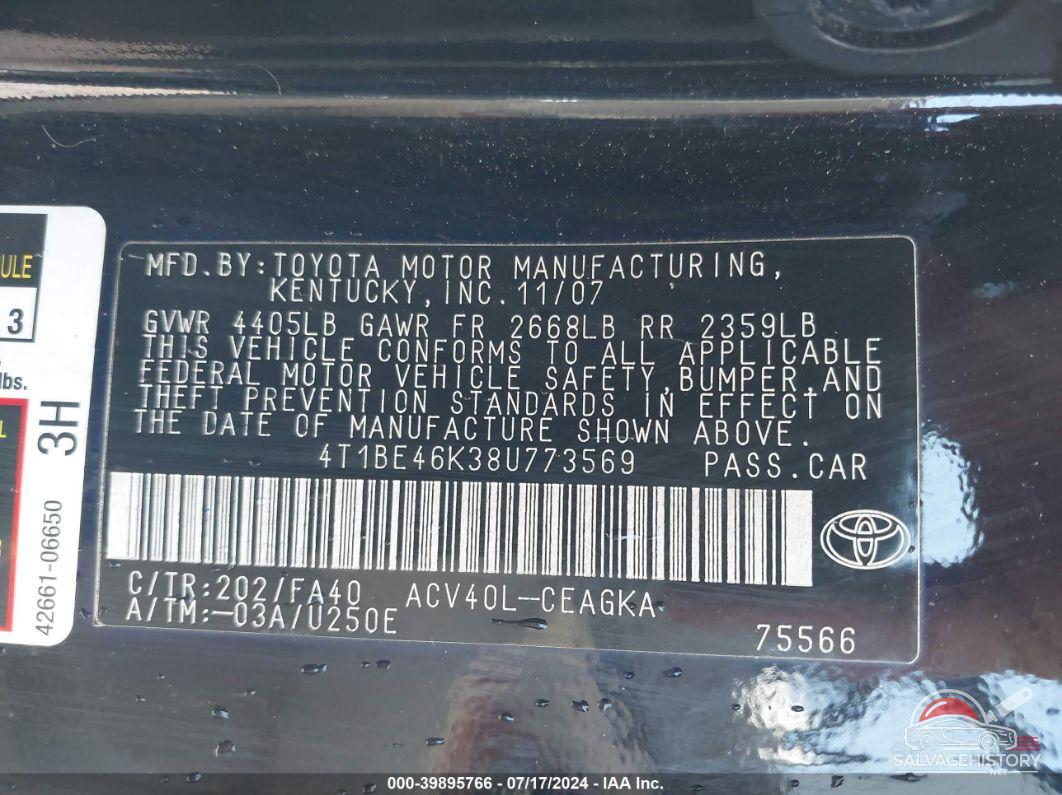 4T1BE46K38U773569 2008 TOYOTA CAMRY photo no. 9