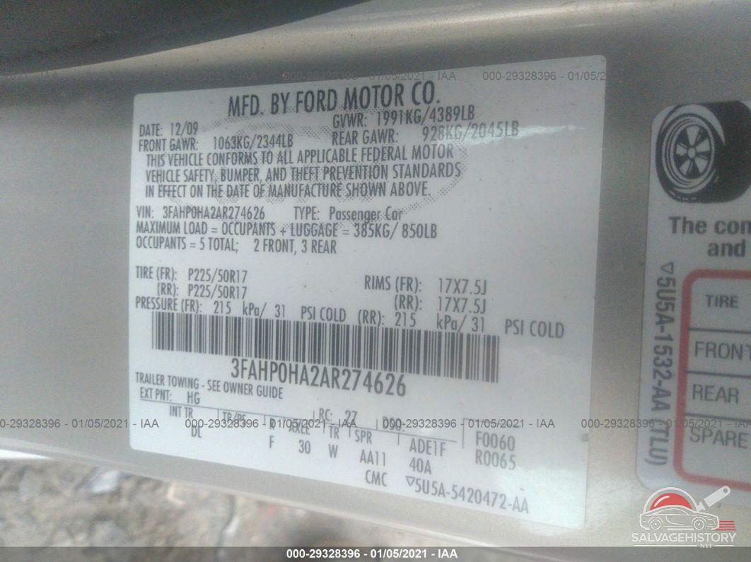 3FAHP0HA2AR274626 2010 FORD FUSION photo no. 9
