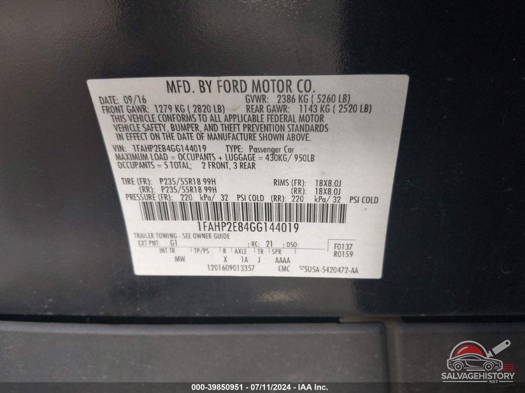 1FAHP2E84GG144019 2016 FORD TAURUS photo no. 9