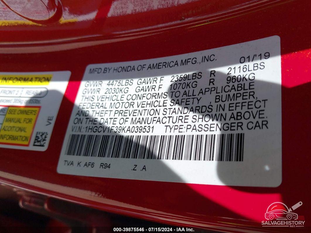 1HGCV1F39KA039531 2019 HONDA ACCORD photo no. 9