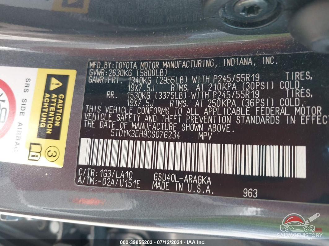 5TDYK3EH9CS076234 2012 TOYOTA HIGHLANDER photo no. 9