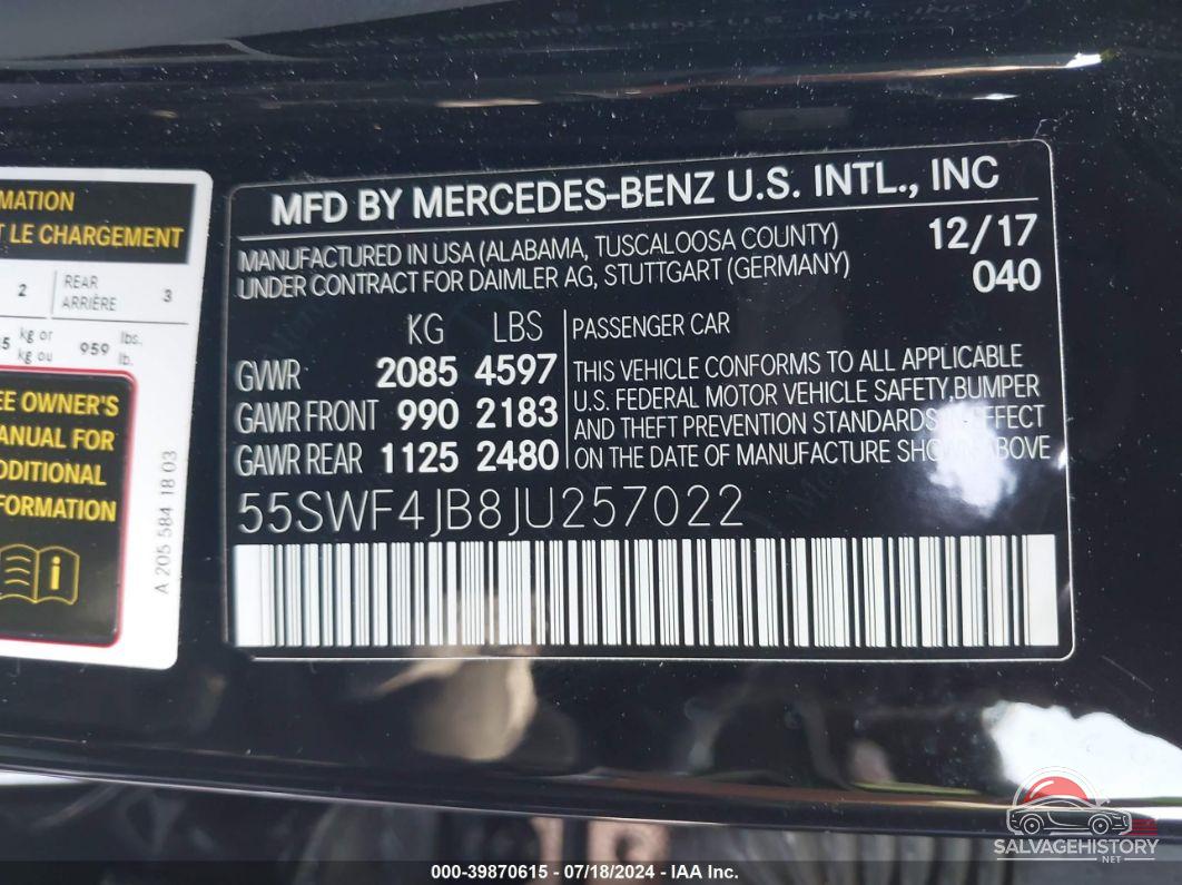 55SWF4JB8JU257022 2018 MERCEDES-BENZ C 300 photo no. 9