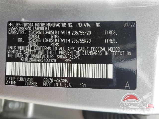 5TDLZRAH4NS103129 2022 TOYOTA HIGHLANDER photo no. 13