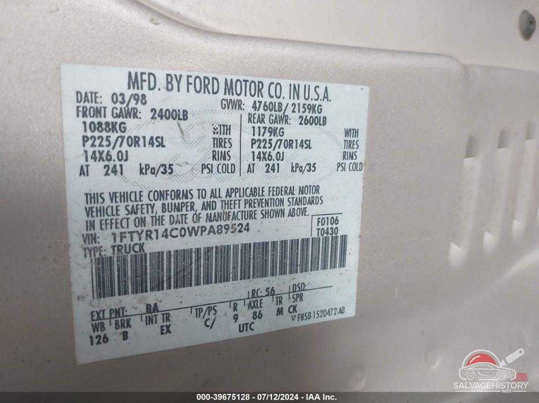 1FTYR14C0WPA89524 1998 FORD RANGER photo no. 9
