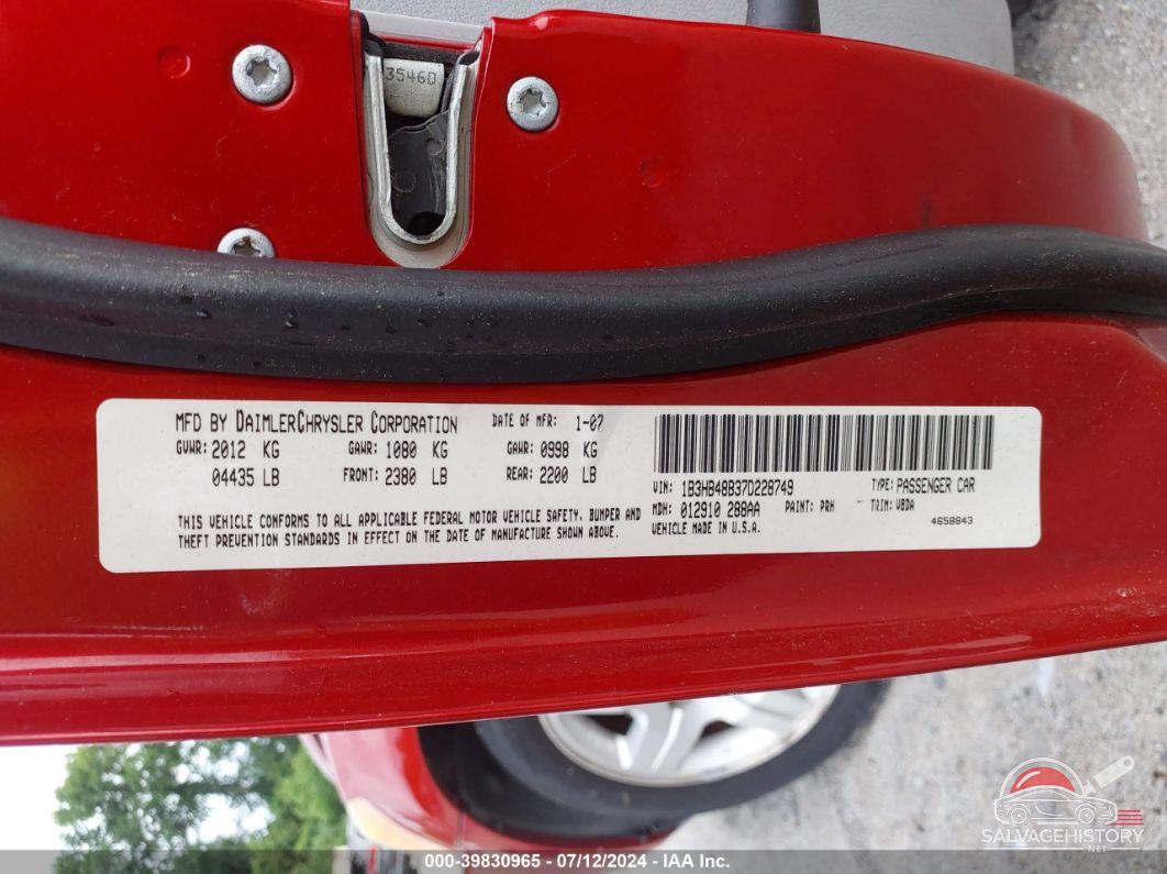 1B3HB48B37D228749 2007 DODGE CALIBER photo no. 9
