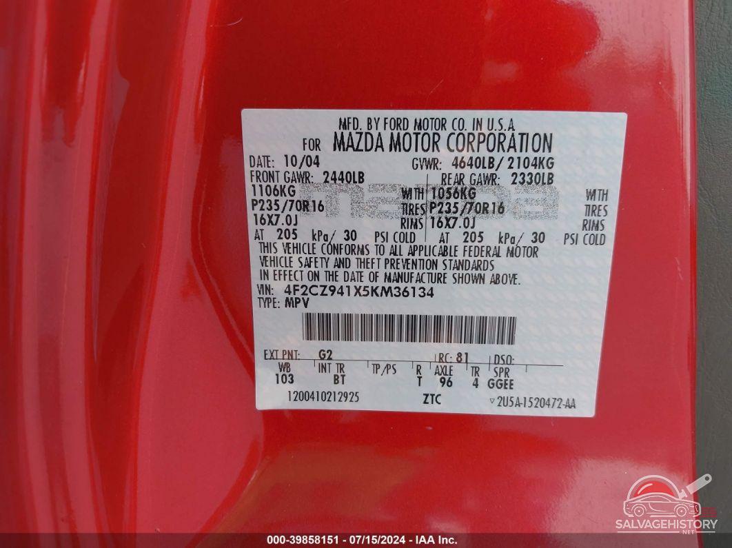4F2CZ941X5KM36134 2005 MAZDA TRIBUTE photo no. 9