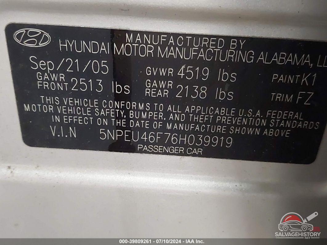 5NPEU46F76H039919 2006 HYUNDAI SONATA photo no. 9