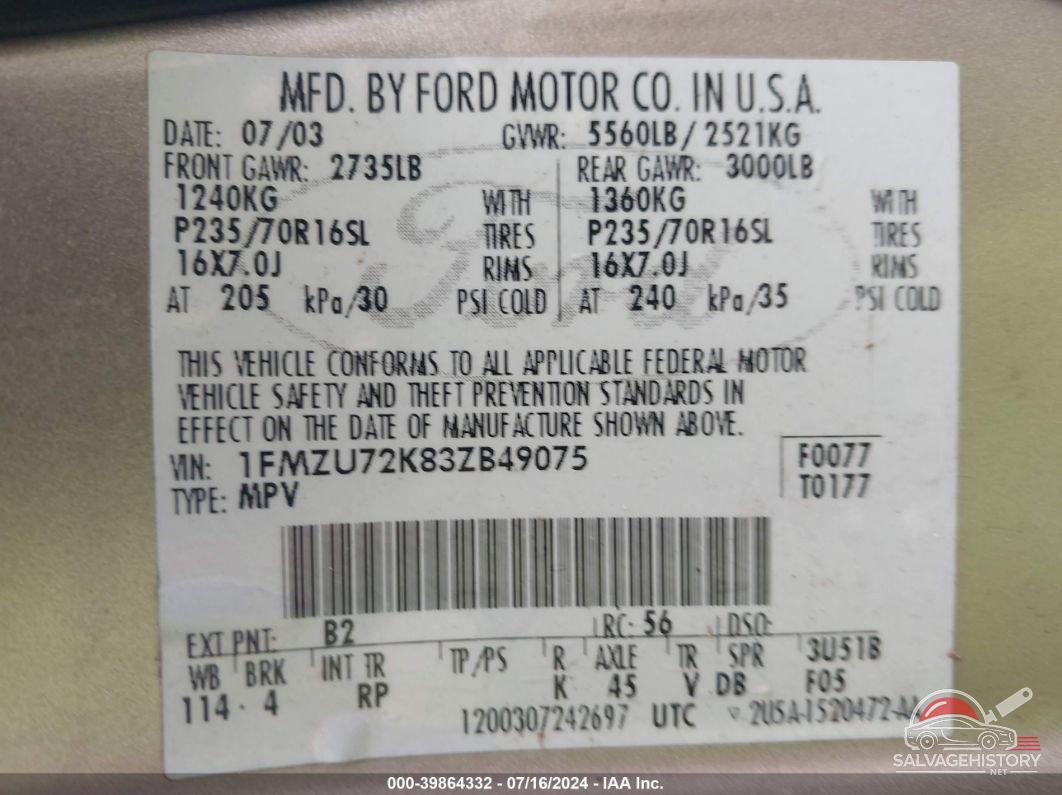 1FMZU72K83ZB49075 2003 FORD EXPLORER photo no. 9
