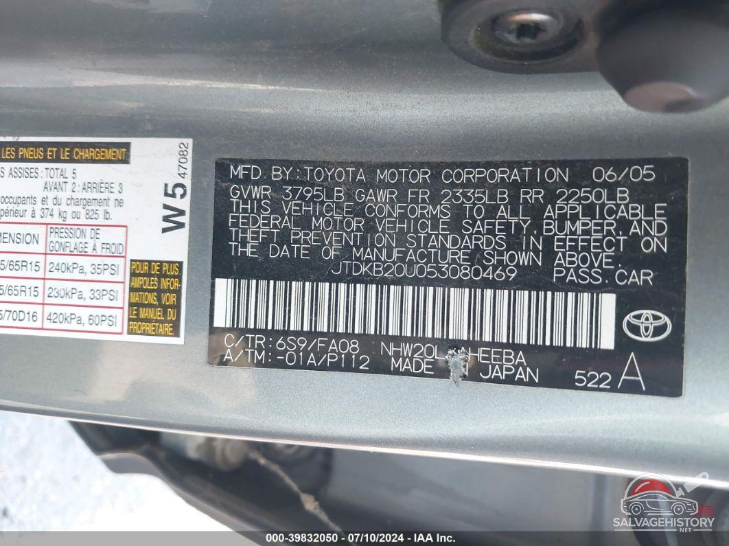 JTDKB20U053080469 2005 TOYOTA PRIUS photo no. 9