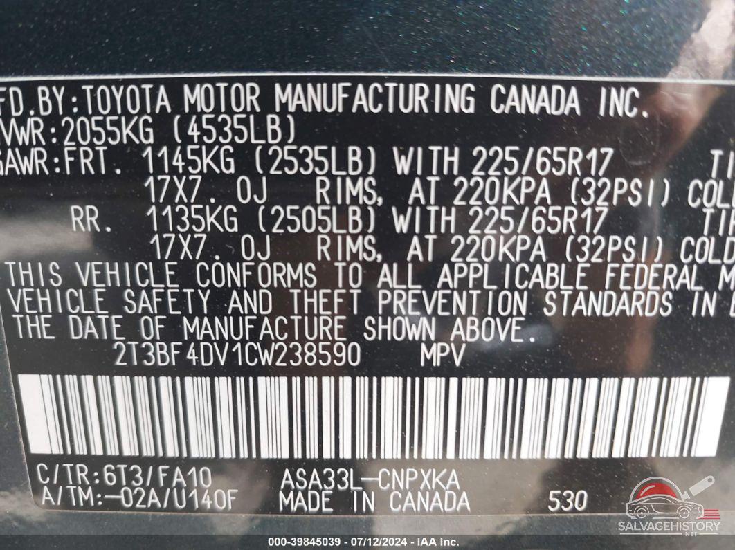 2T3BF4DV1CW238590 2012 TOYOTA RAV4 photo no. 9