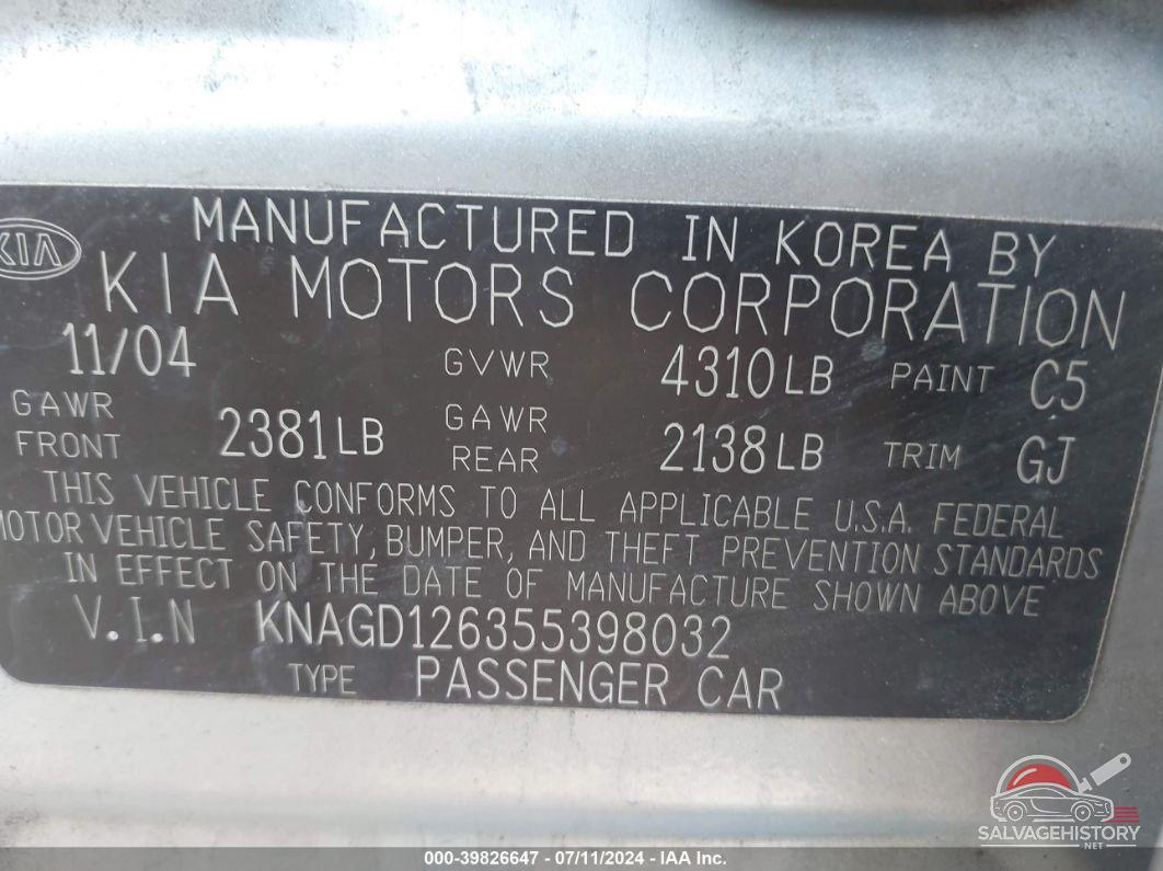 KNAGD126355398032 2005 KIA OPTIMA photo no. 9
