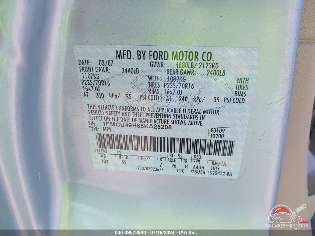 1FMCU49H88KA25208 2008 FORD ESCAPE HYBRID photo no. 9