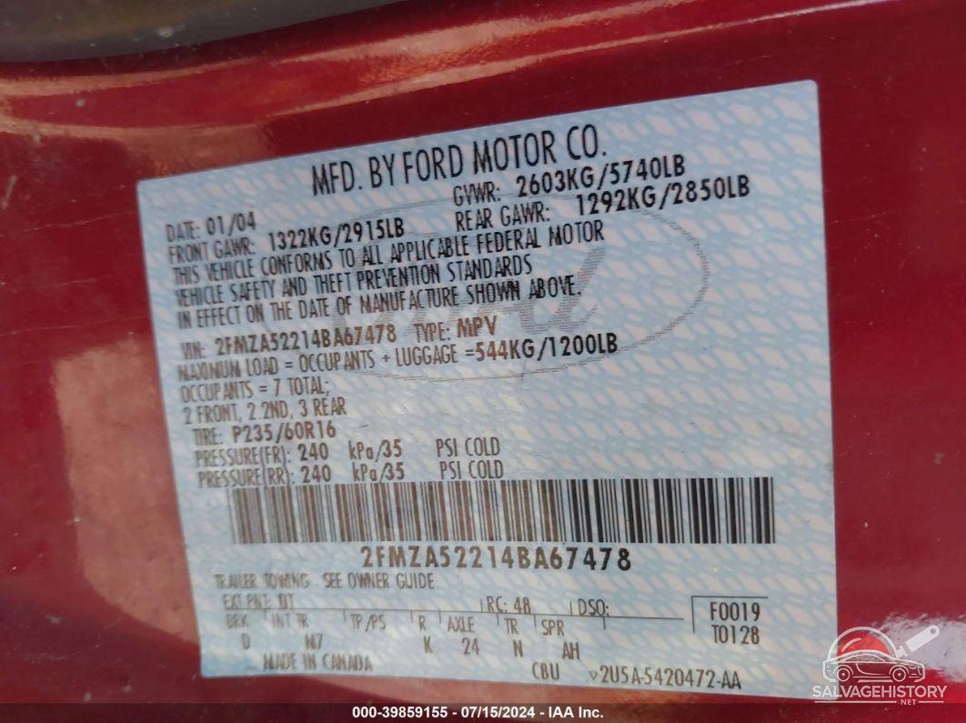 2FMZA52214BA67478 2004 FORD FREESTAR photo no. 9
