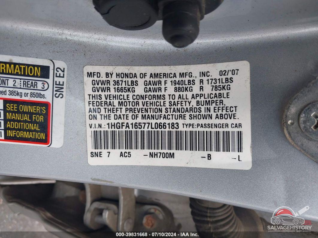 1HGFA16577L066183 2007 HONDA CIVIC photo no. 9