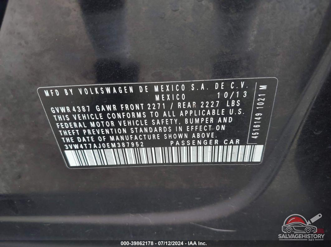3VW4T7AJ0EM387952 2014 VOLKSWAGEN JETTA photo no. 9