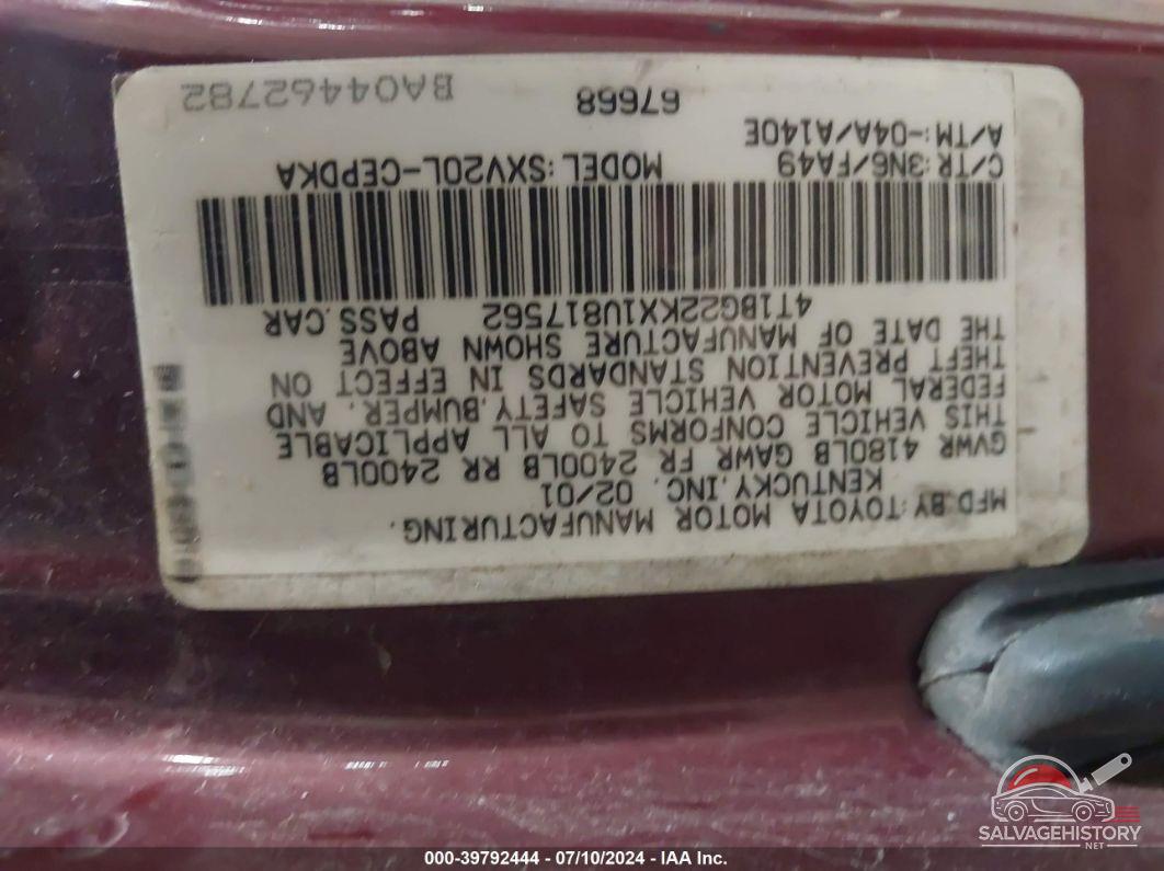 4T1BG22KX1U817562 2001 TOYOTA CAMRY photo no. 9