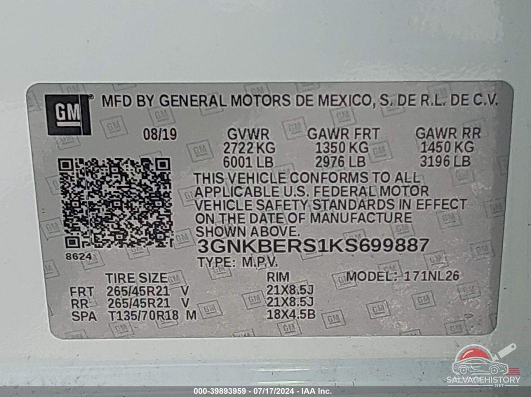 3GNKBERS1KS699887 2019 CHEVROLET BLAZER photo no. 9